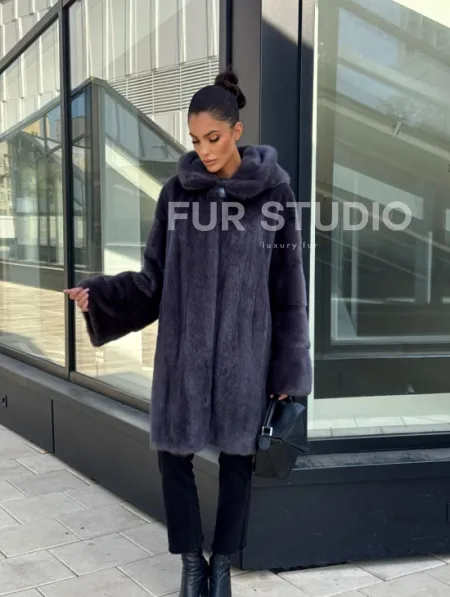 Норковая шуба с капюшоном,  роспуск - темный графит - фото 11