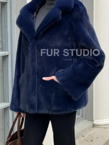 Синий норковый полушубок с английским воротником - фото 1