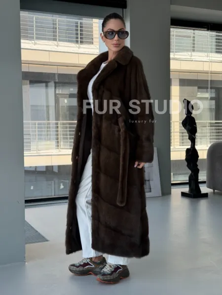 Коричневая норковая шуба - кимоно - фото 11