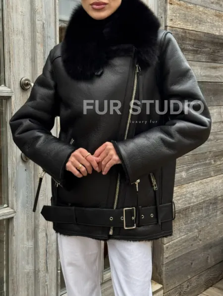 Дубленка из натуральной овчины с мехом песца - фото 5