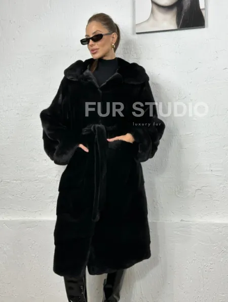 Черная шуба из импортной норки с капюшоном - фото 4
