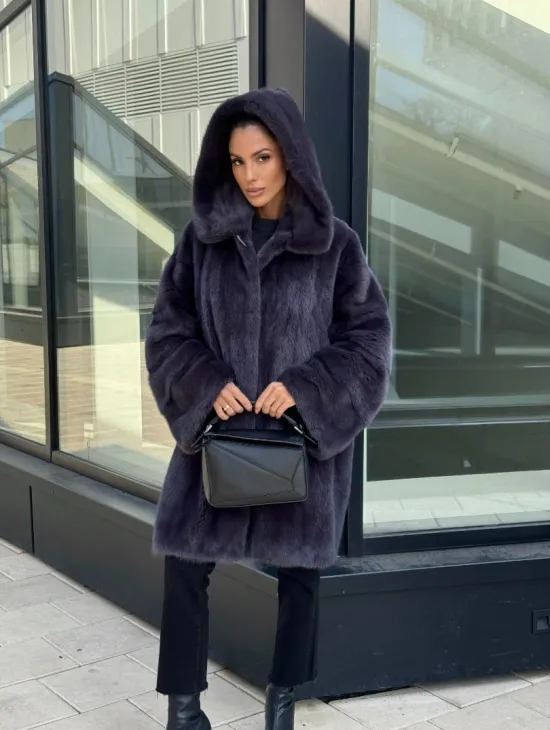 Норковая шуба с капюшоном,  роспуск - темный графит - фото 10