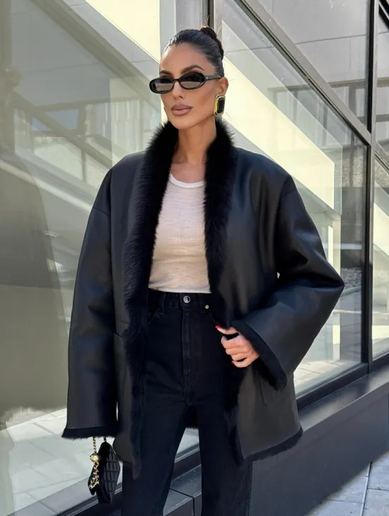 Двухсторонняя черная шуба-дублёнка из итальянской  тосканы - фото 4