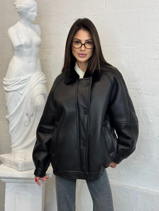 Кожаная дубленка из овчины женская, зима - 2025 