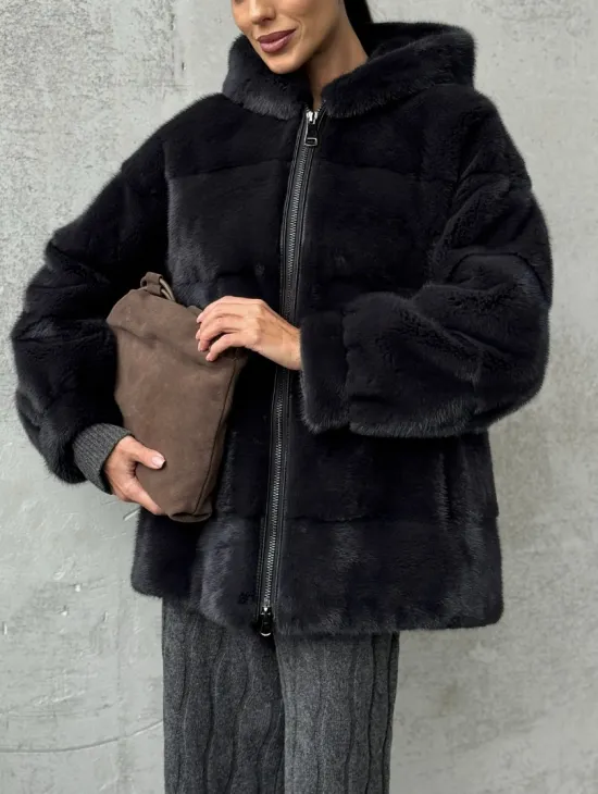Норковый полушубок - куртка из меха норки с капюшоном графит - фото 1