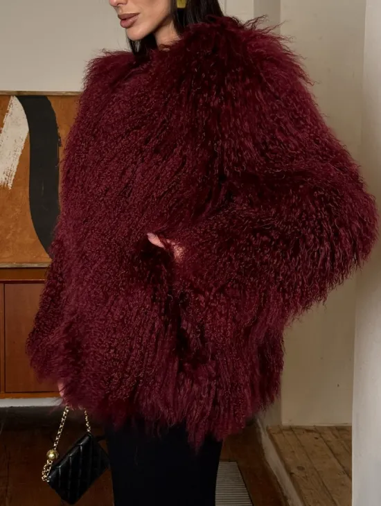 Шуба из меха ламы цвет Burgundy - фото 1