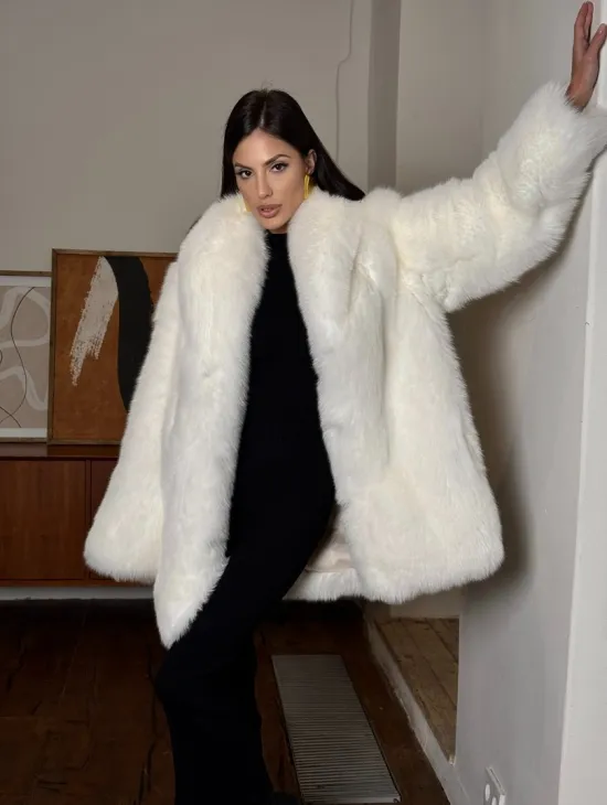 Белая шуба из меха лисы - воротник шаль - фото 10