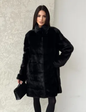 Норковая шуба в черном цвете воротник стойка - фото 6