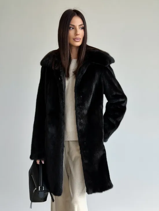 Норковая шуба с капюшоном и меховым поясом в цвете Black - фото 0