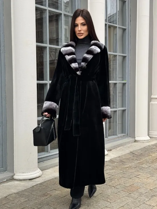 Шуба из стриженой норки с отделкой под шиншиллу - фото 7