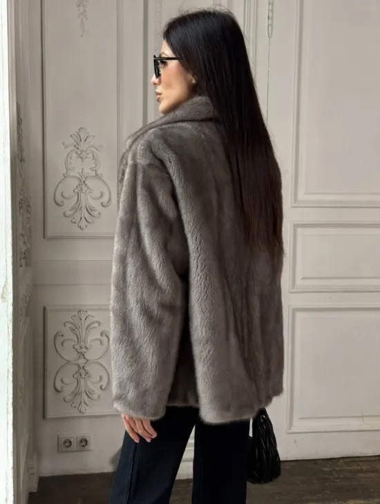 Норковый жакет классического кроя с прорезными карманами клапанами - фото 4