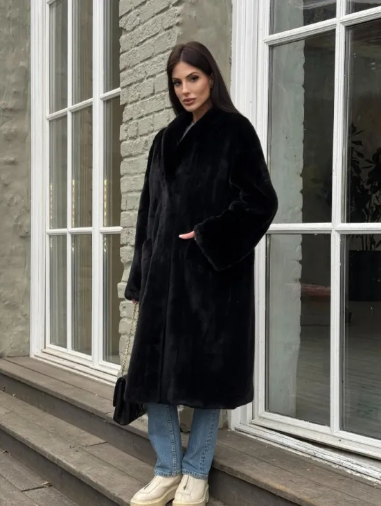 Шуба из норки Black в классической выкладке с воротником стойка-шаль - фото 10