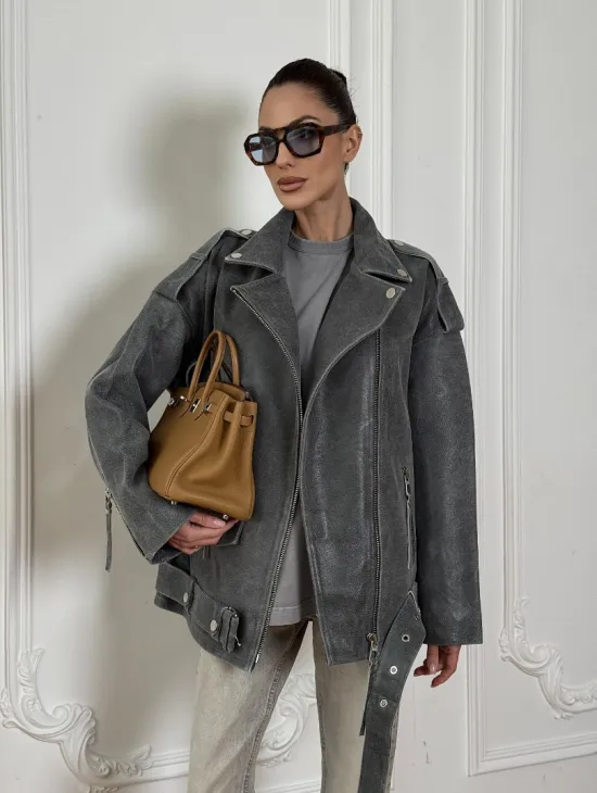 Винтажная кожаная косуха оверсайз - серый графит - фото 10