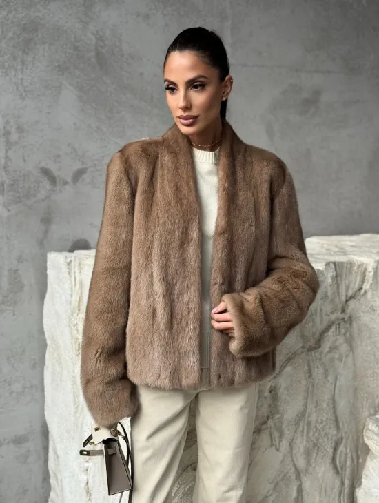 Кроп - жакет из норки Pastel с воротником V-образным 60 см - фото 11