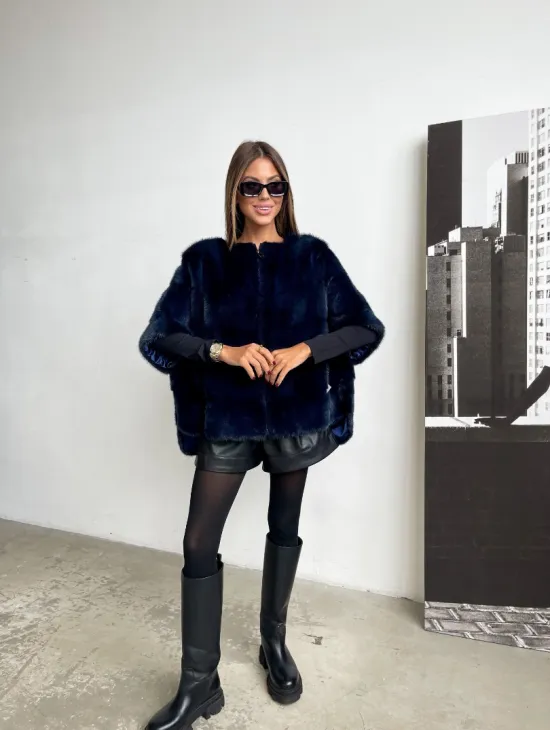 Норковый свитер на молнии в цвете индиго - фото 2