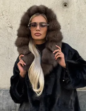 Черный норковый полушубок с капюшоном куница - фото 3