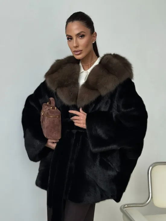 Норковый полушубок с капюшоном - летучая мышь - фото 0