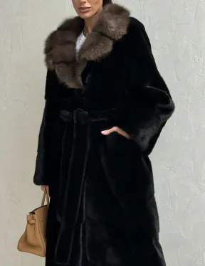 Черная норковая шуба - воротник куница - фото 1
