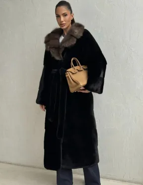 Черная норковая шуба - воротник куница - фото 0