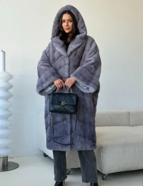 Голубая норковая шуба с капюшоном oversize - фото 10