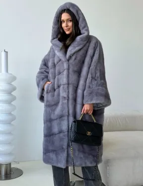 Голубая норковая шуба с капюшоном oversize - фото 5