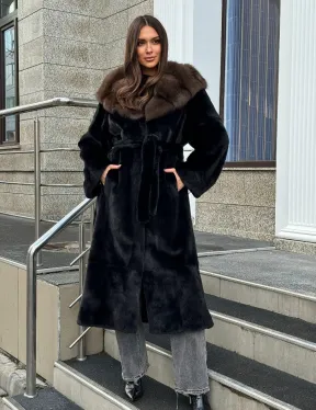 Черная норковая шуба с капюшоном куница - фото 0