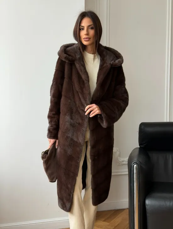 Коричневая норковая шуба с капюшоном - фото 11