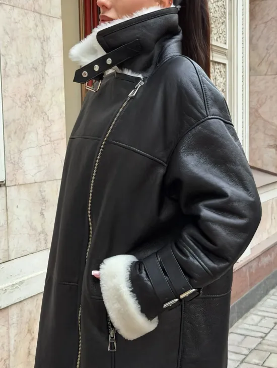 Дубленка авиатор длинная на белой овчине - фото 1