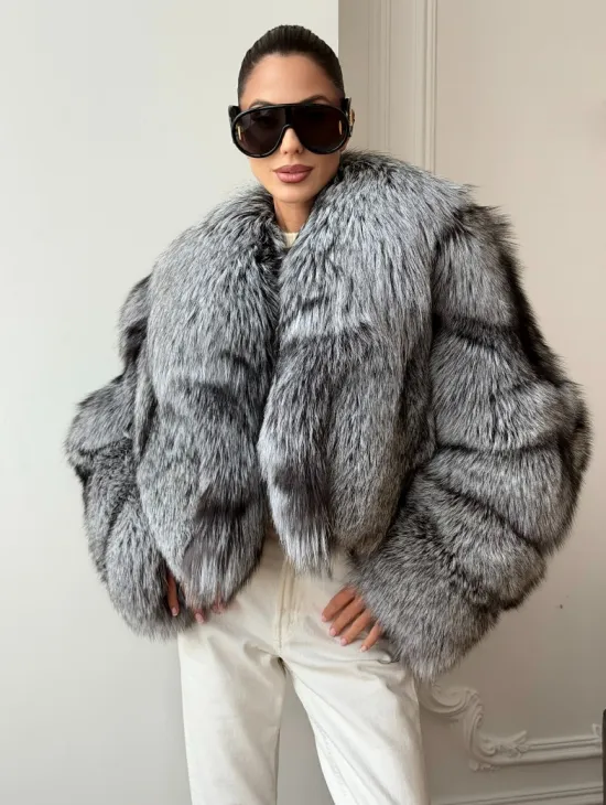 Кроп-полушубок с шалевым воротником из чернобурки - фото 9