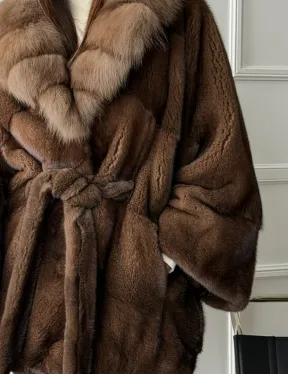 Полушубок автоледи норковый - воротник куница - фото 1