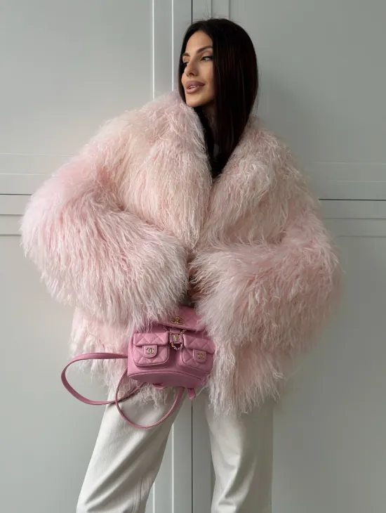 Шуба из меха ламы - цвет розовый - фото 5