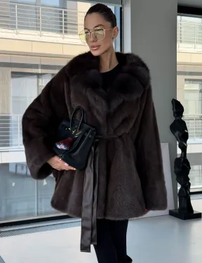 Норковое автоледи с воротником из куницы - фото 7