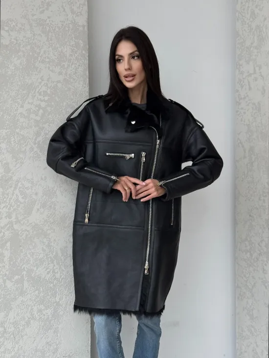 Удлиненная дубленка - авиатор из натуральной овчины с мехом тосканы - фото 10