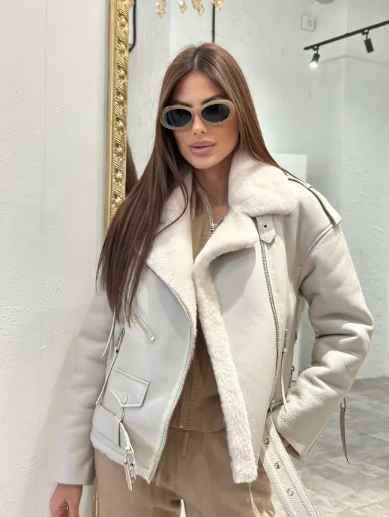 Дубленка-авиатор из натуральной овчины со шнуровкой - фото 1