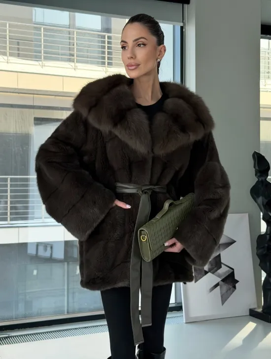 Норковое пончо шуба с капюшоном из меха куницы dark olive - фото 10