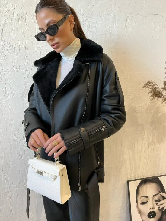 Дубленка авиатор в черном цвете из натуральной овчины - фото 4