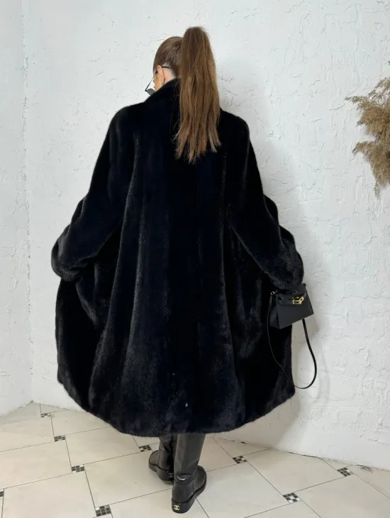 Шуба из плюшевой норки с английским воротником - цвет инфинити - фото 5