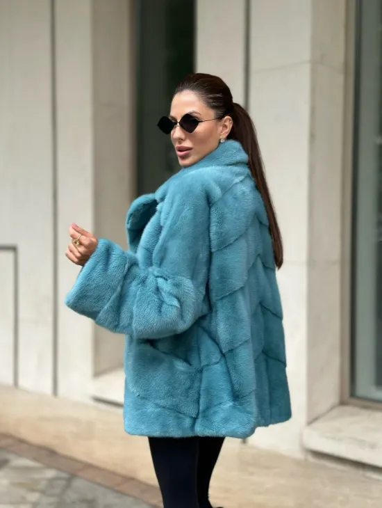 Шуба из норки с английским воротником - цвет тиффани - фото 5