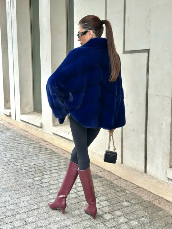 Норковая велюровая шуба  - автоледи в синем цвете - фото 6