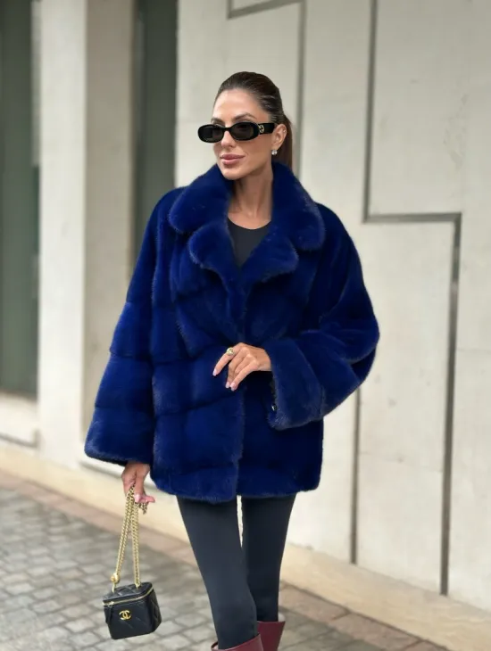 Норковая велюровая шуба  - автоледи в синем цвете - фото 5