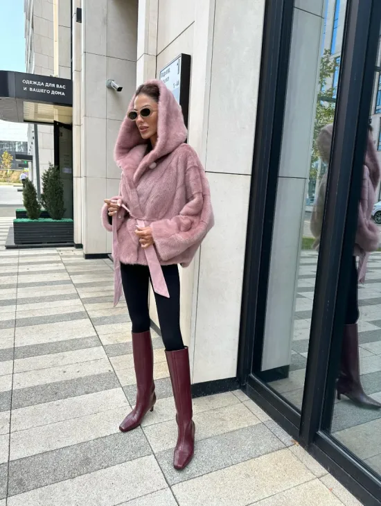 Норковый жакет с капюшоном - цвет розовый фламинго - фото 9