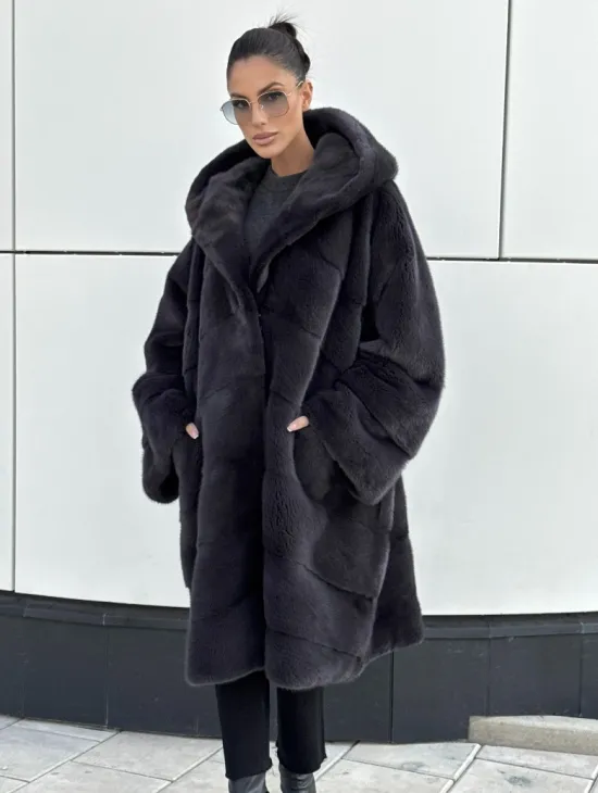 Норковая шуба паркет с капюшоном - цвет блю ирис - фото 0