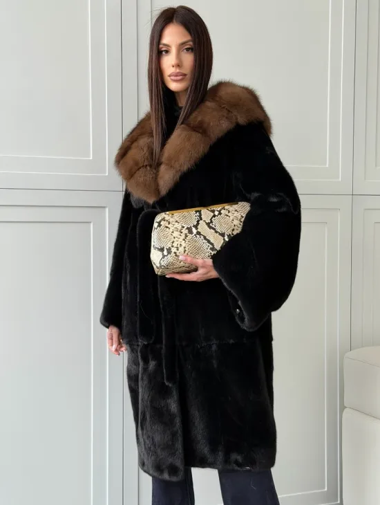 Норковая шуба фасон баллон с капюшоном куница - фото 0