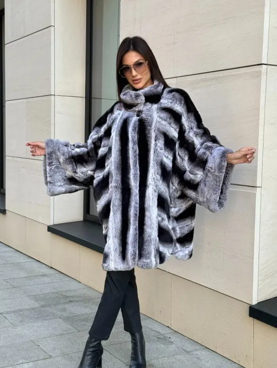 Шуба из кролика рекс стойка воротник - цвет шиншилла - фото 0