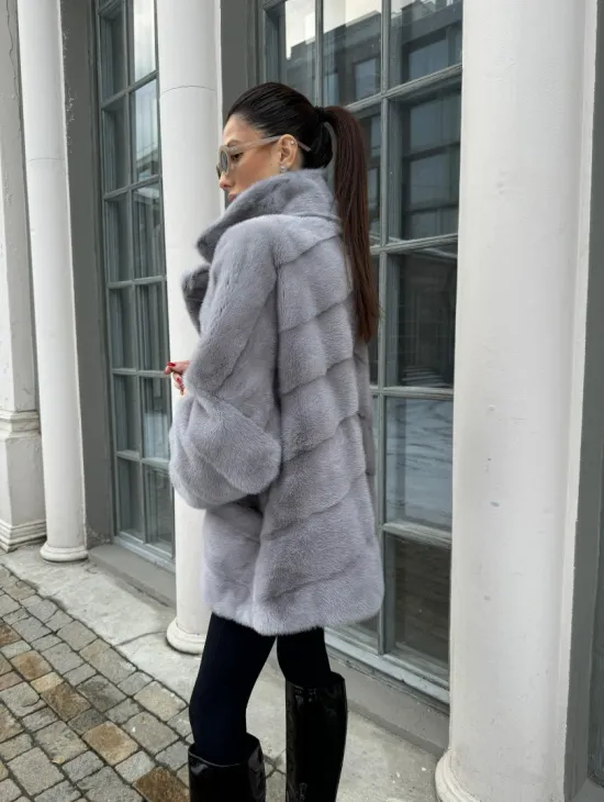 Норковый полушубок паркет английский воротник - цвет серый сапфир - фото 3