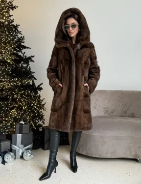 Норковая шуба с капюшоном в цвете орех - фото 6