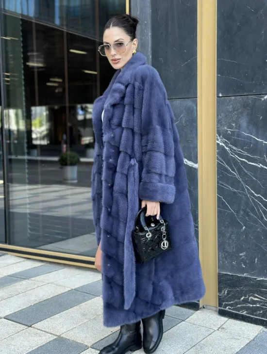 Норковая шуба с английским воротником - цвет джинс - фото 5