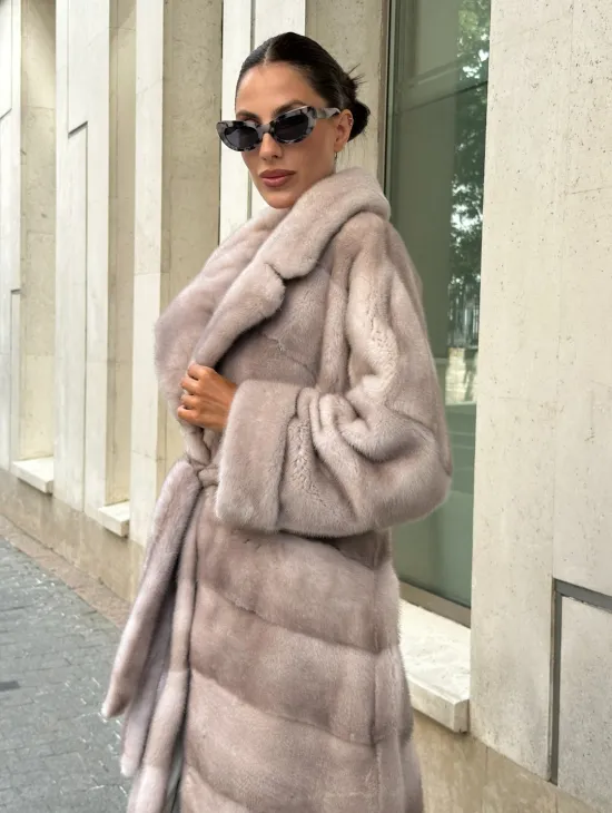 Шуба из импортной плюшевой норки английский воротник - нюд - фото 2